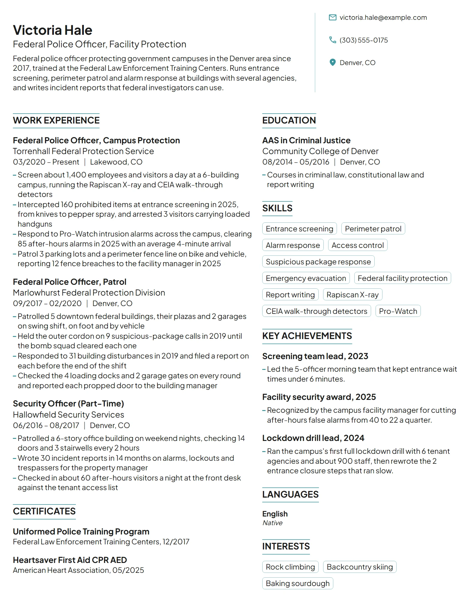 Federal Police Officer resume example