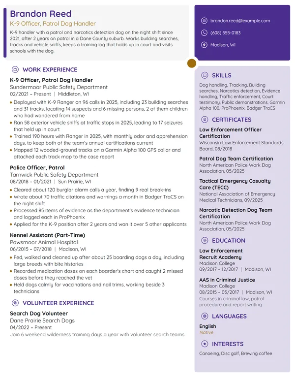 K-9 Officer resume example