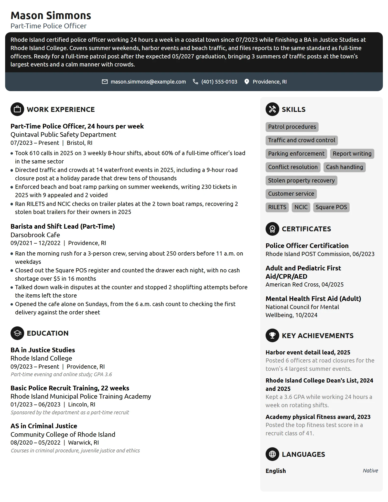 Part-Time Police Officer resume example