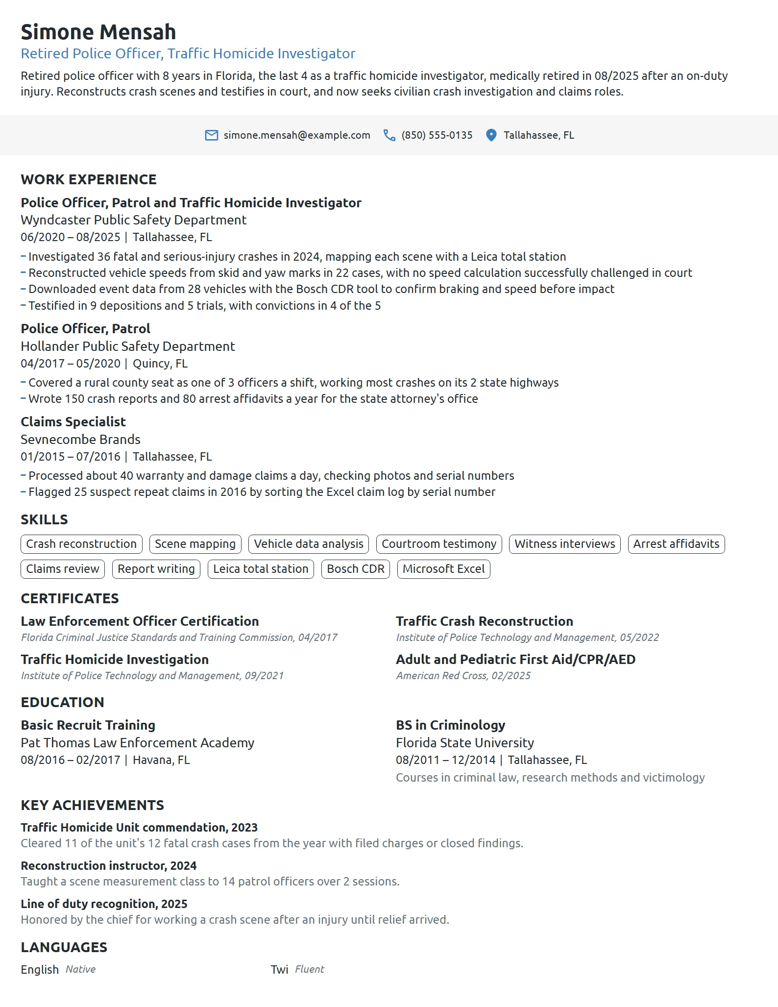 Retired Police Officer resume example