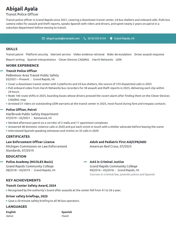 Transit Police Officer resume example