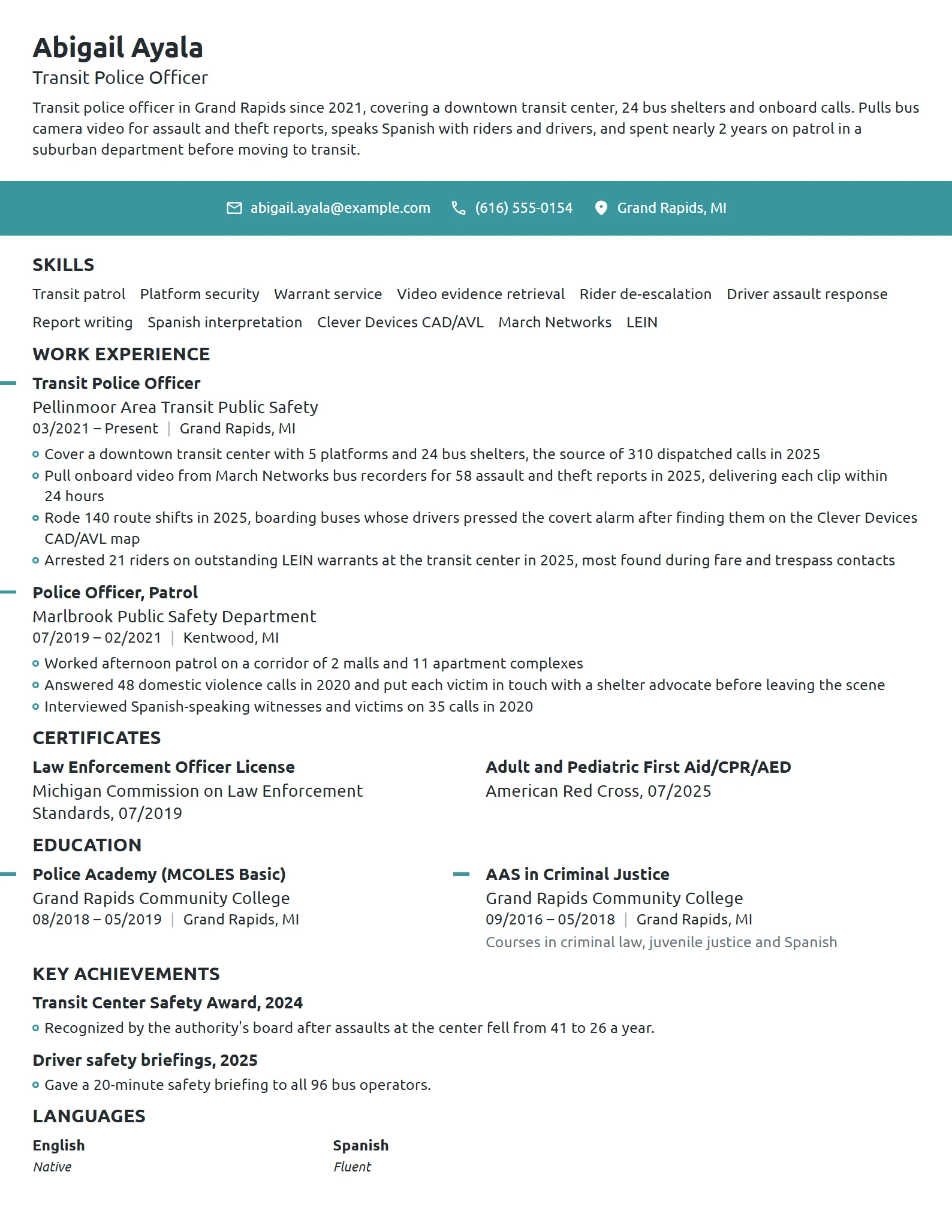 Transit Police Officer resume example