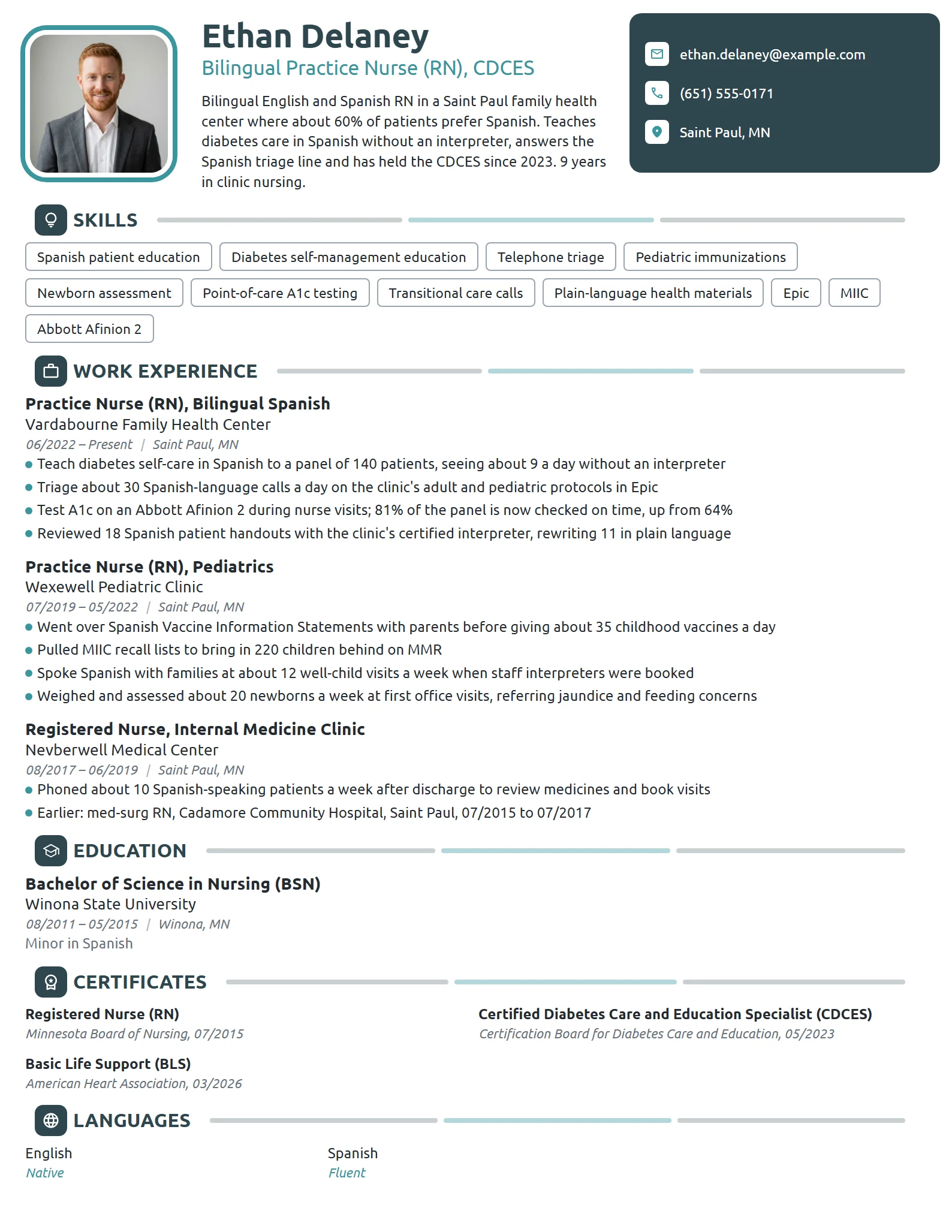 Bilingual Practice Nurse resume example