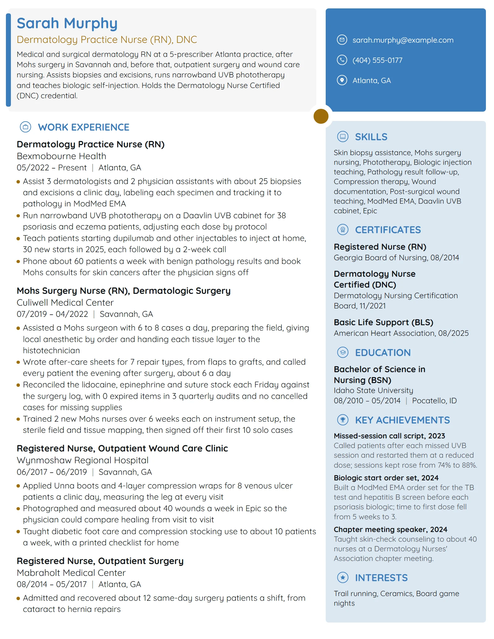 Dermatology Practice Nurse resume example