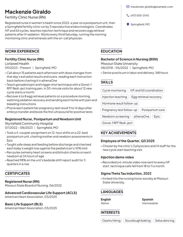 Fertility Clinic Nurse resume example