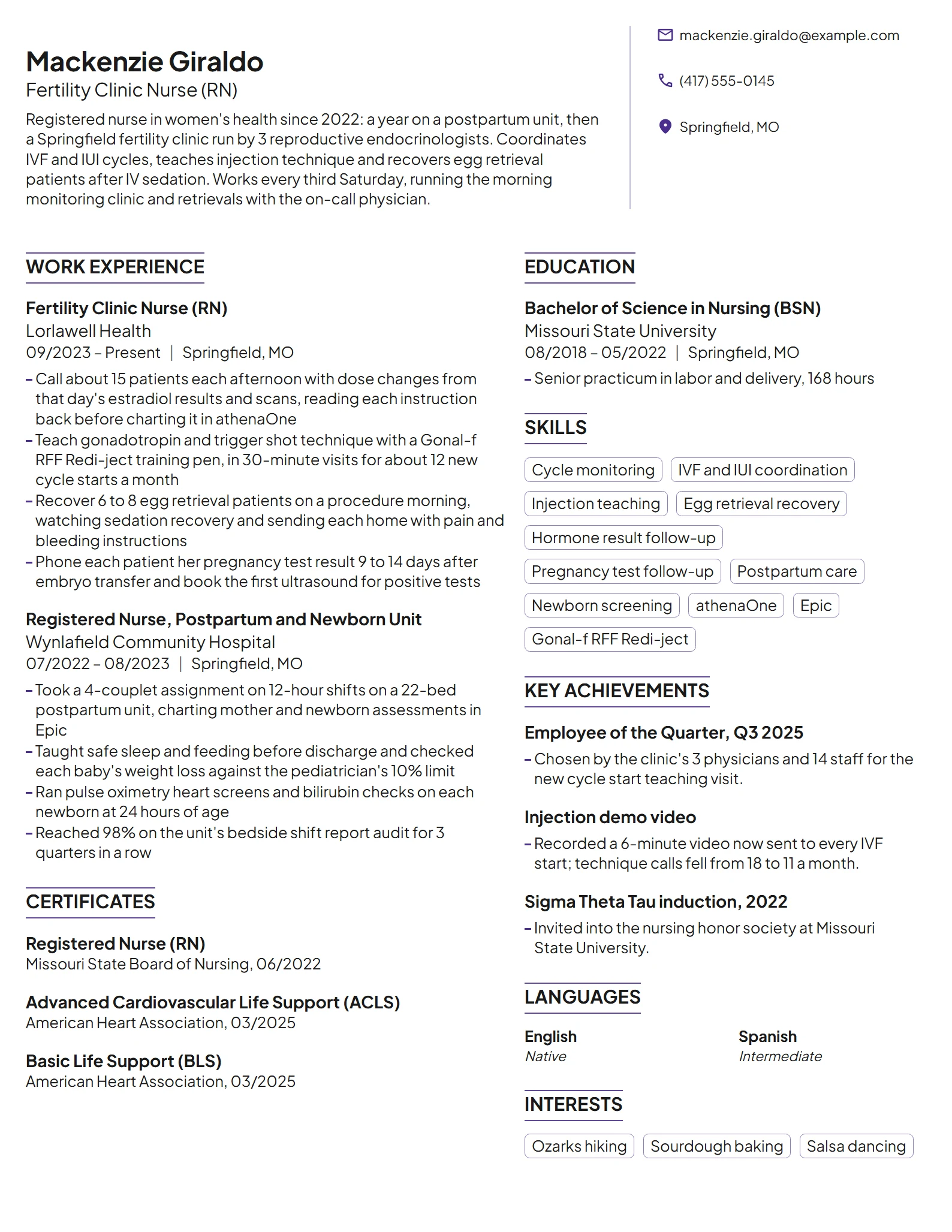 Fertility Clinic Nurse resume example