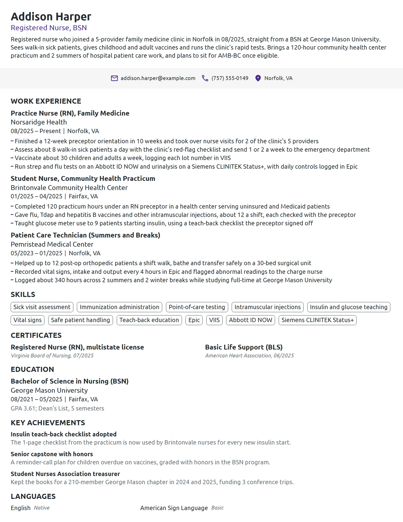 New Grad Practice Nurse resume example