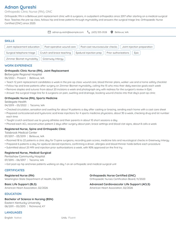 Orthopedic Clinic Nurse resume example