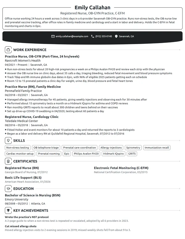 Part-Time Practice Nurse resume example