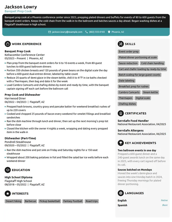Banquet Prep Cook resume example
