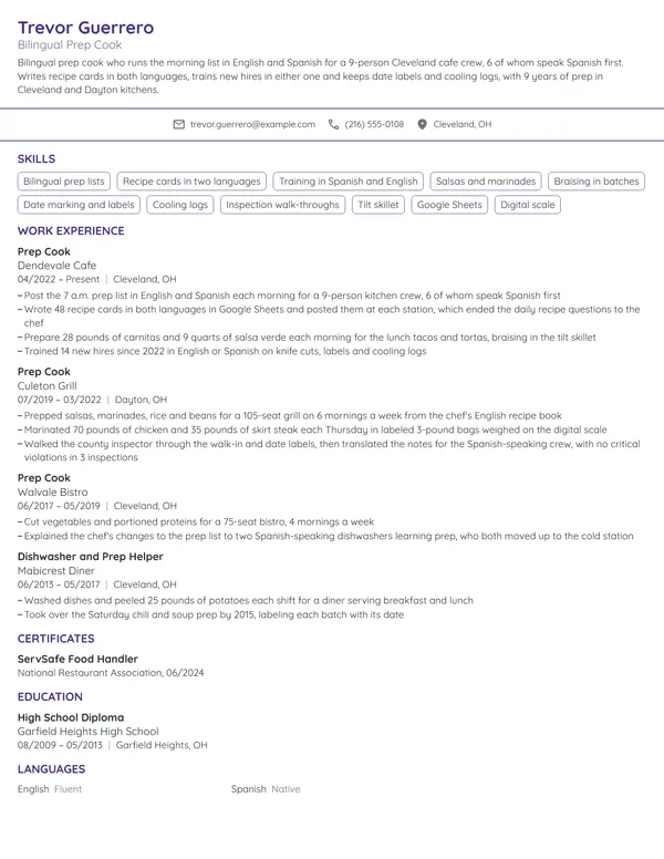 Bilingual Prep Cook resume example