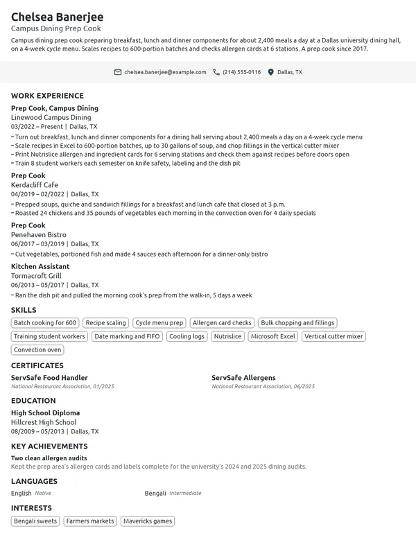 Campus Dining Prep Cook resume example