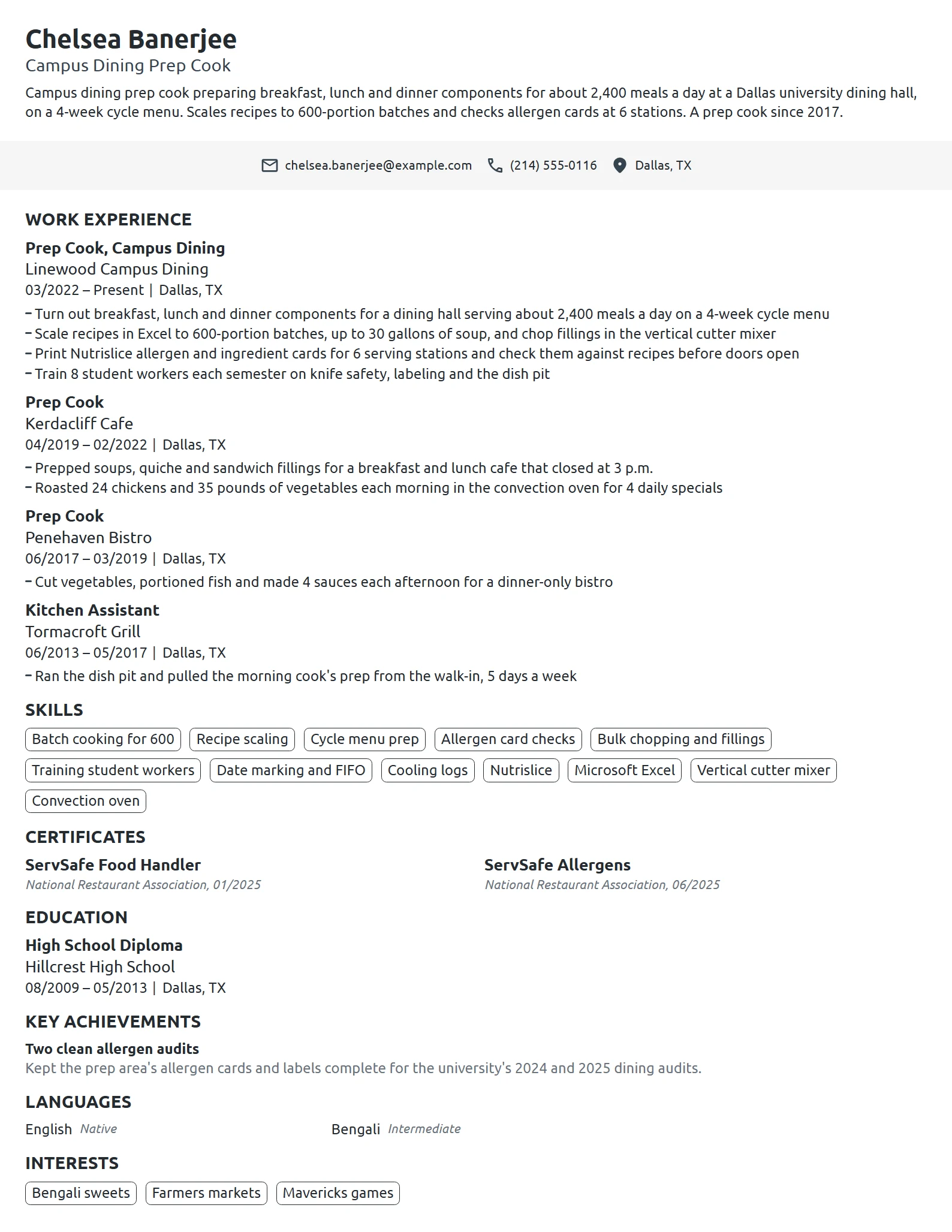 Campus Dining Prep Cook resume example