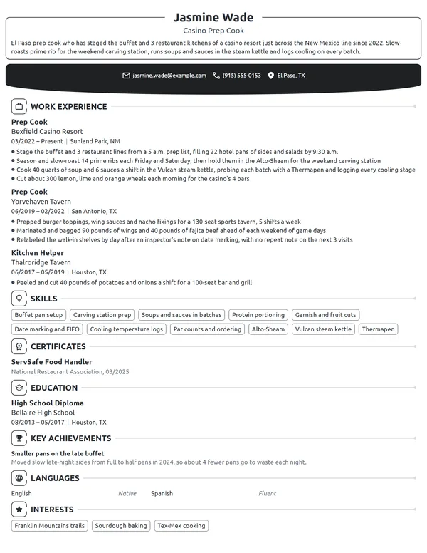 Casino Prep Cook resume example