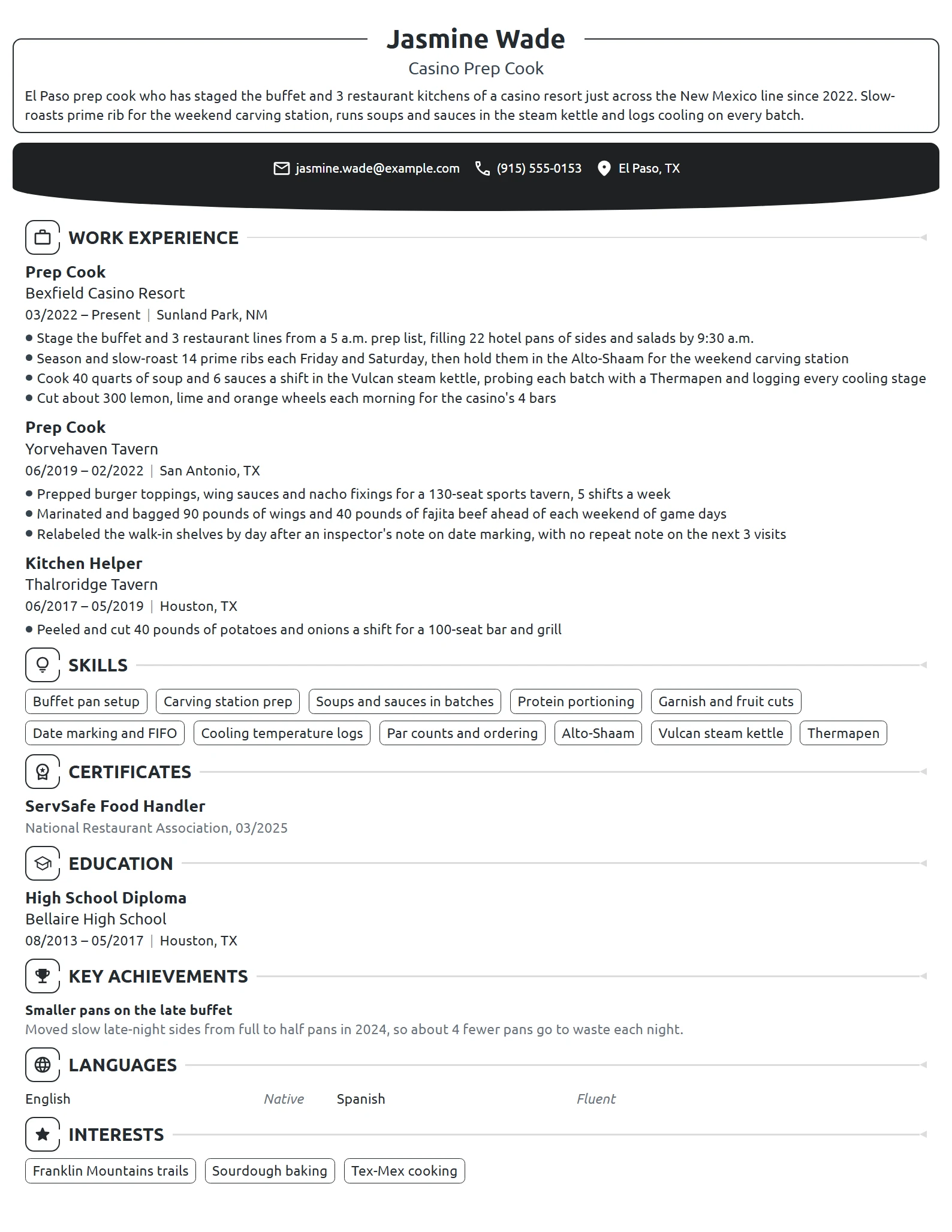 Casino Prep Cook resume example
