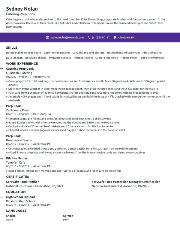 Catering Prep Cook resume example