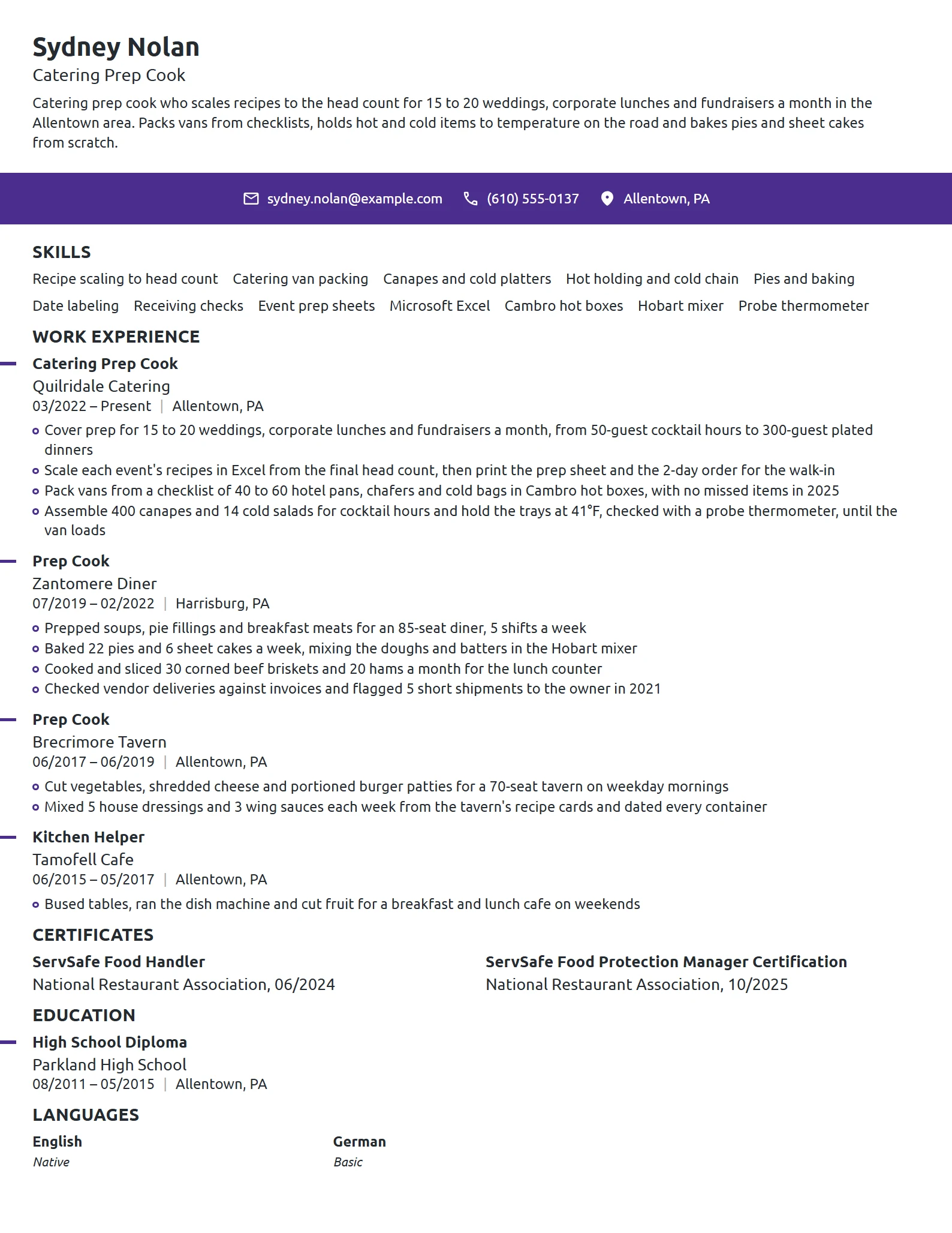 Catering Prep Cook resume example