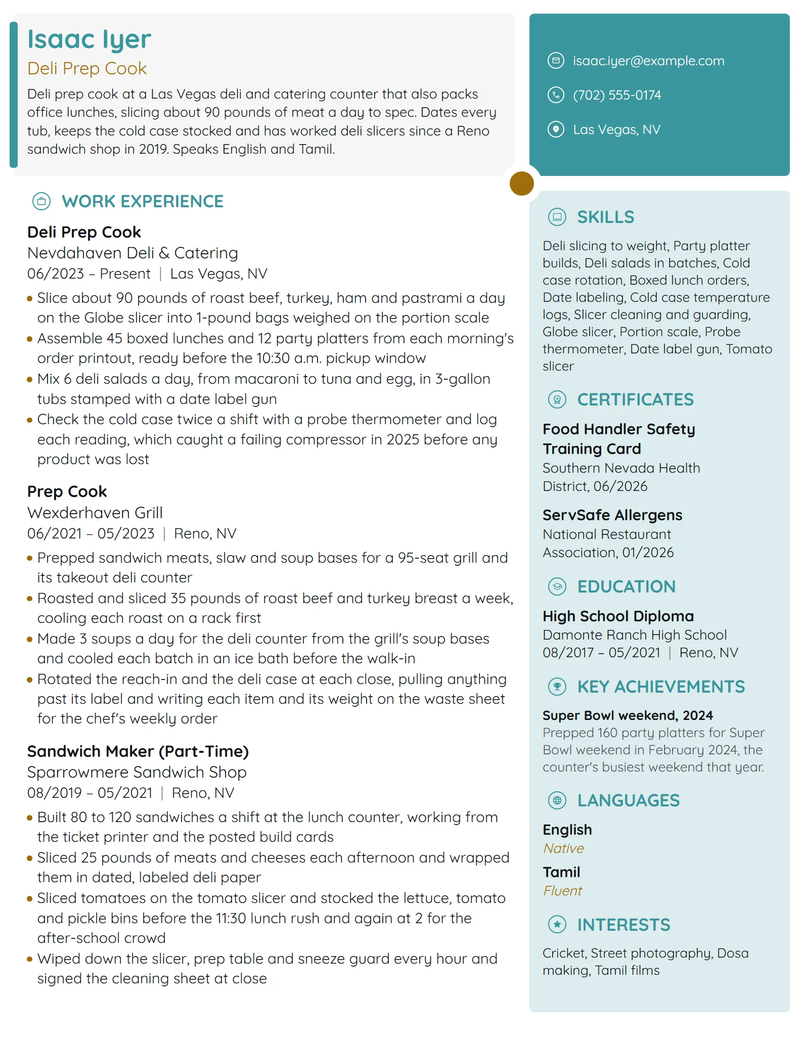 Deli Prep Cook resume example