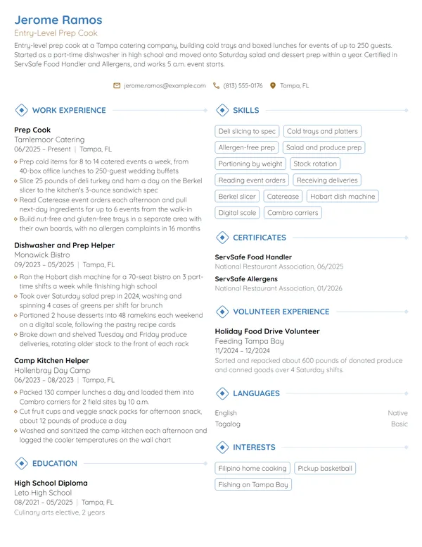 Entry-Level Prep Cook resume example
