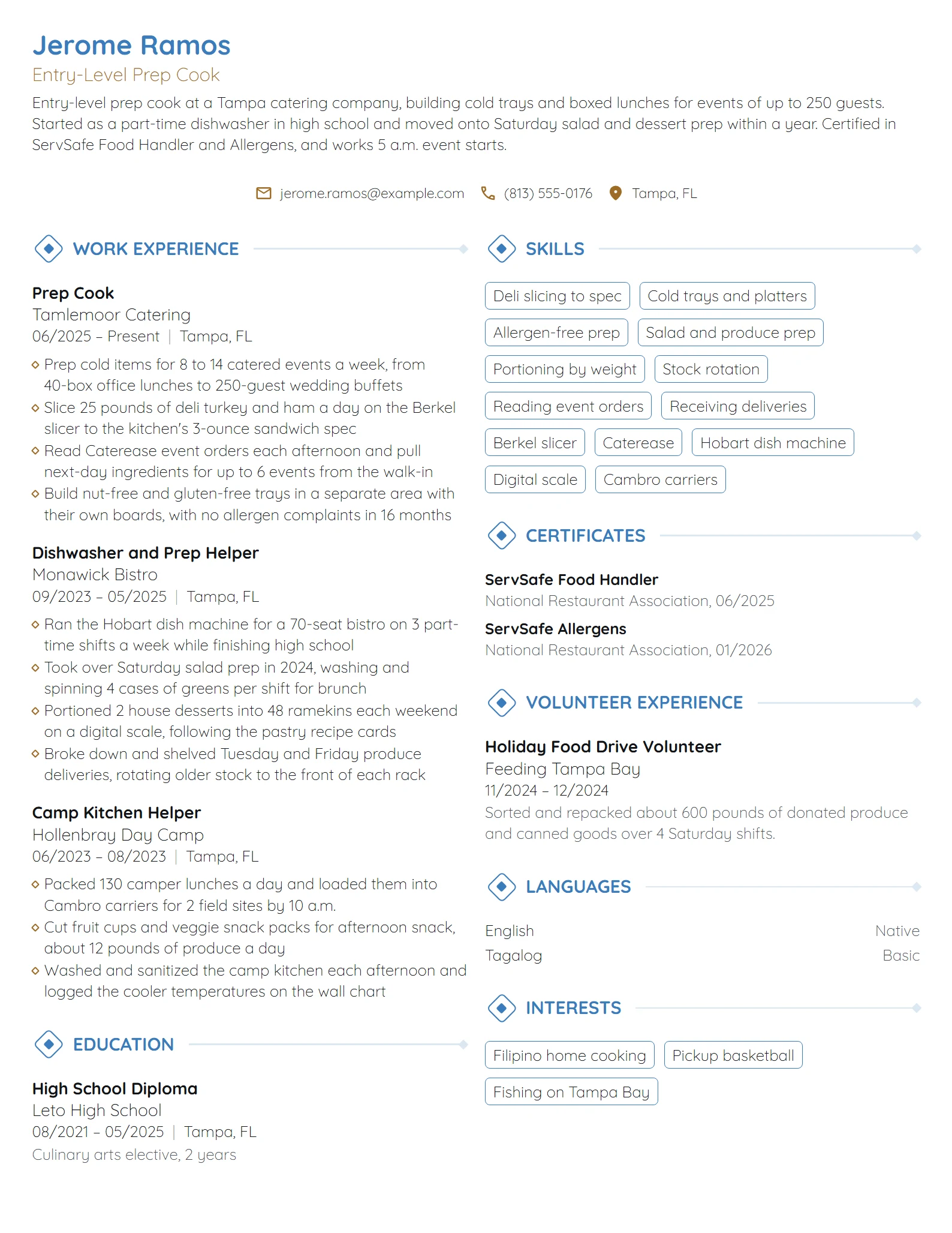 Entry-Level Prep Cook resume example