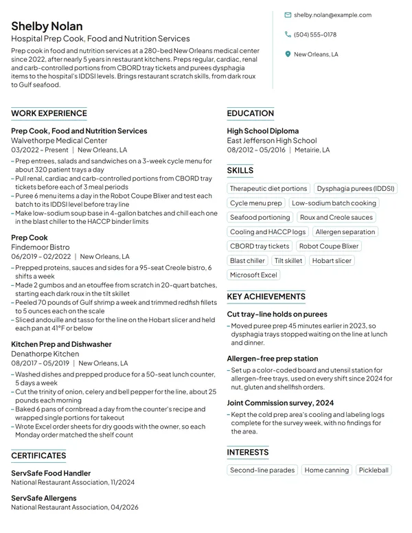 Hospital Prep Cook resume example