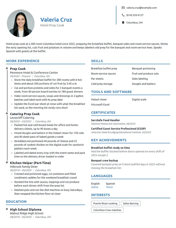 Hotel Prep Cook resume example