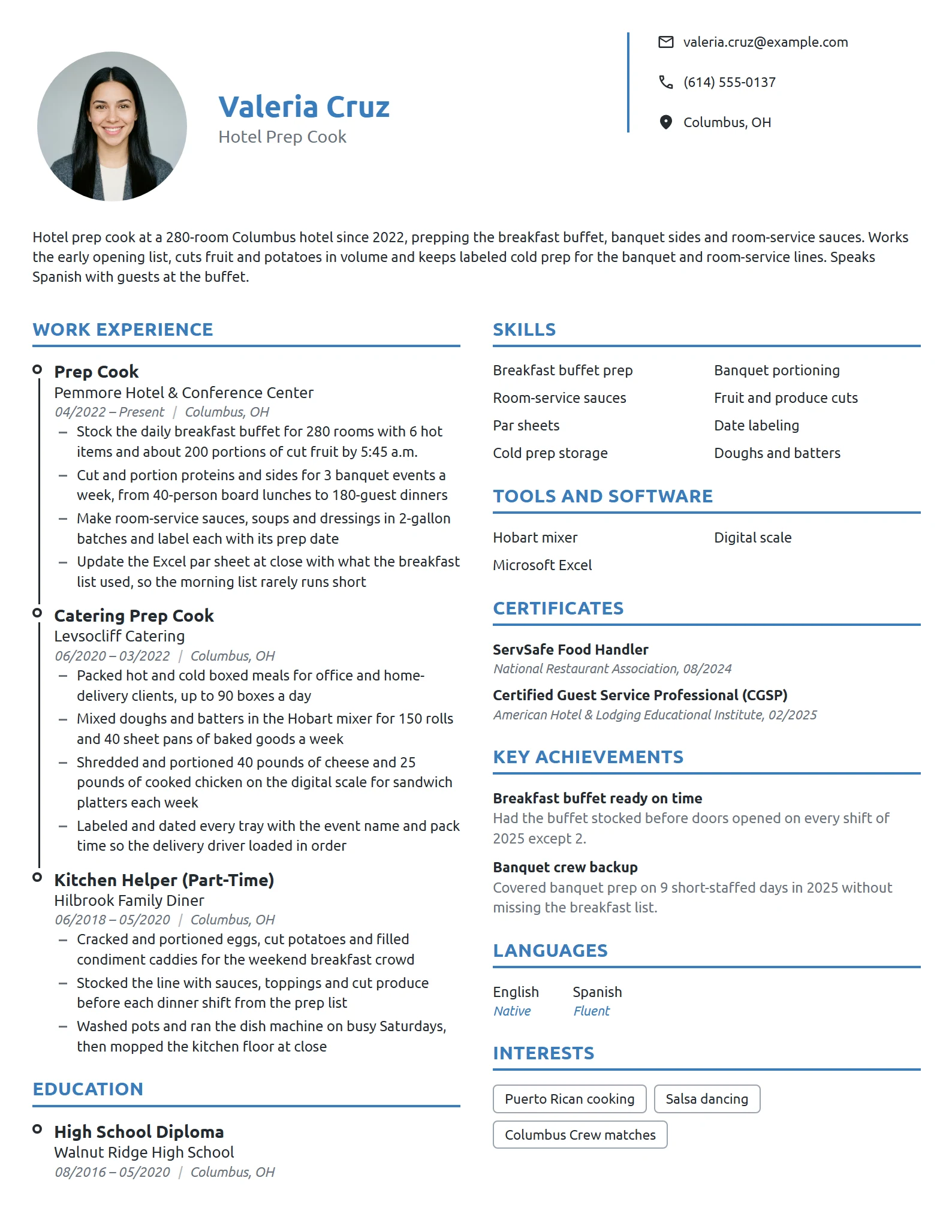 Hotel Prep Cook resume example