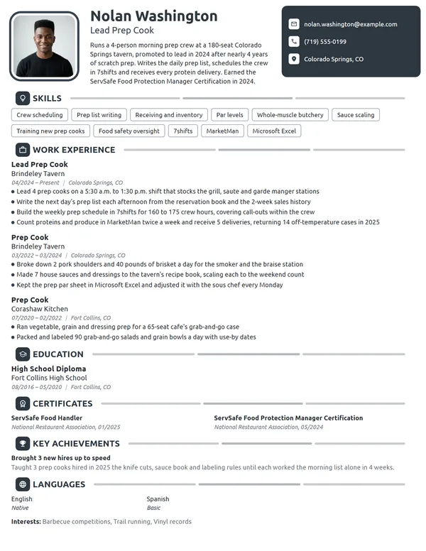 Lead Prep Cook resume example