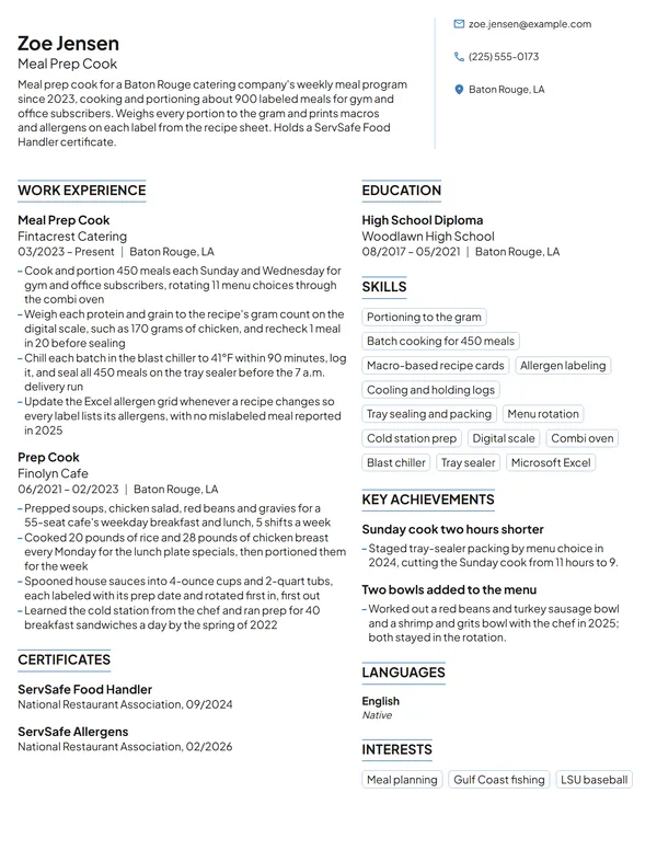 Meal Prep Cook resume example