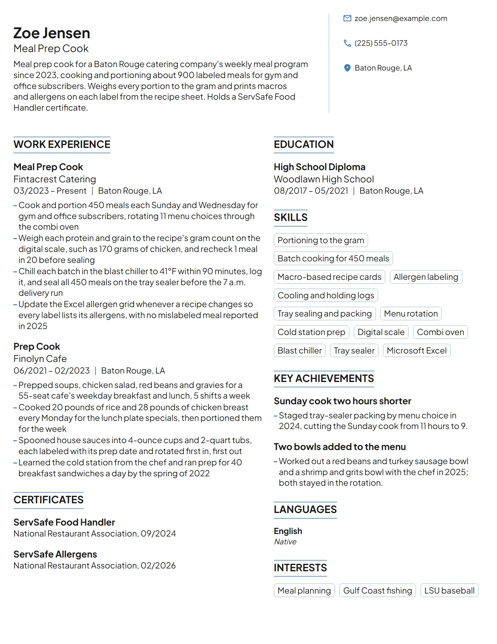 Meal Prep Cook resume example