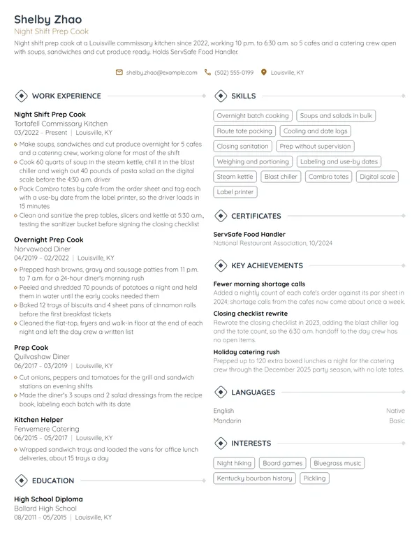Night Shift Prep Cook resume example