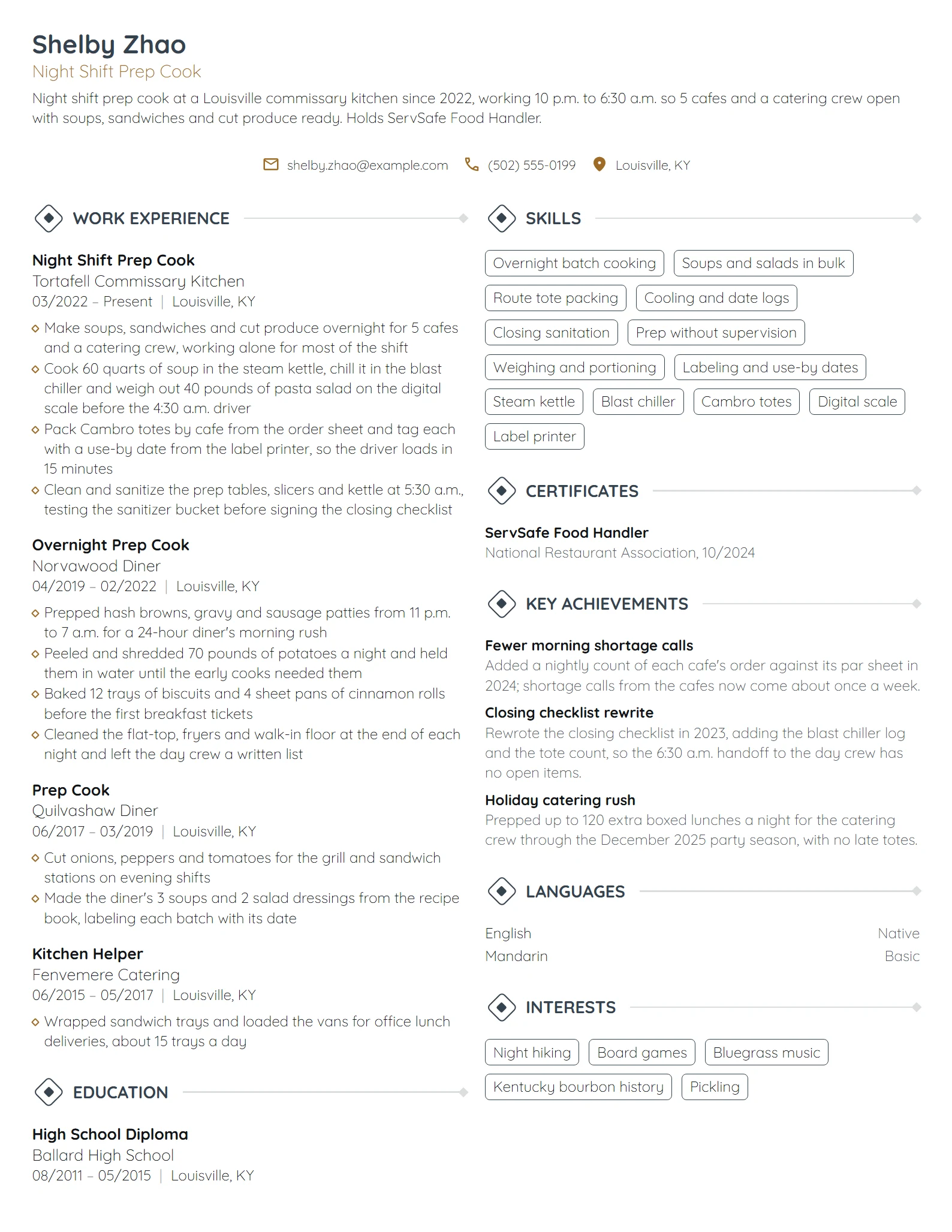 Night Shift Prep Cook resume example