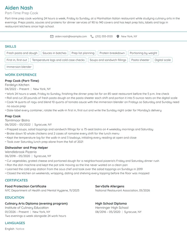 Part-Time Prep Cook resume example