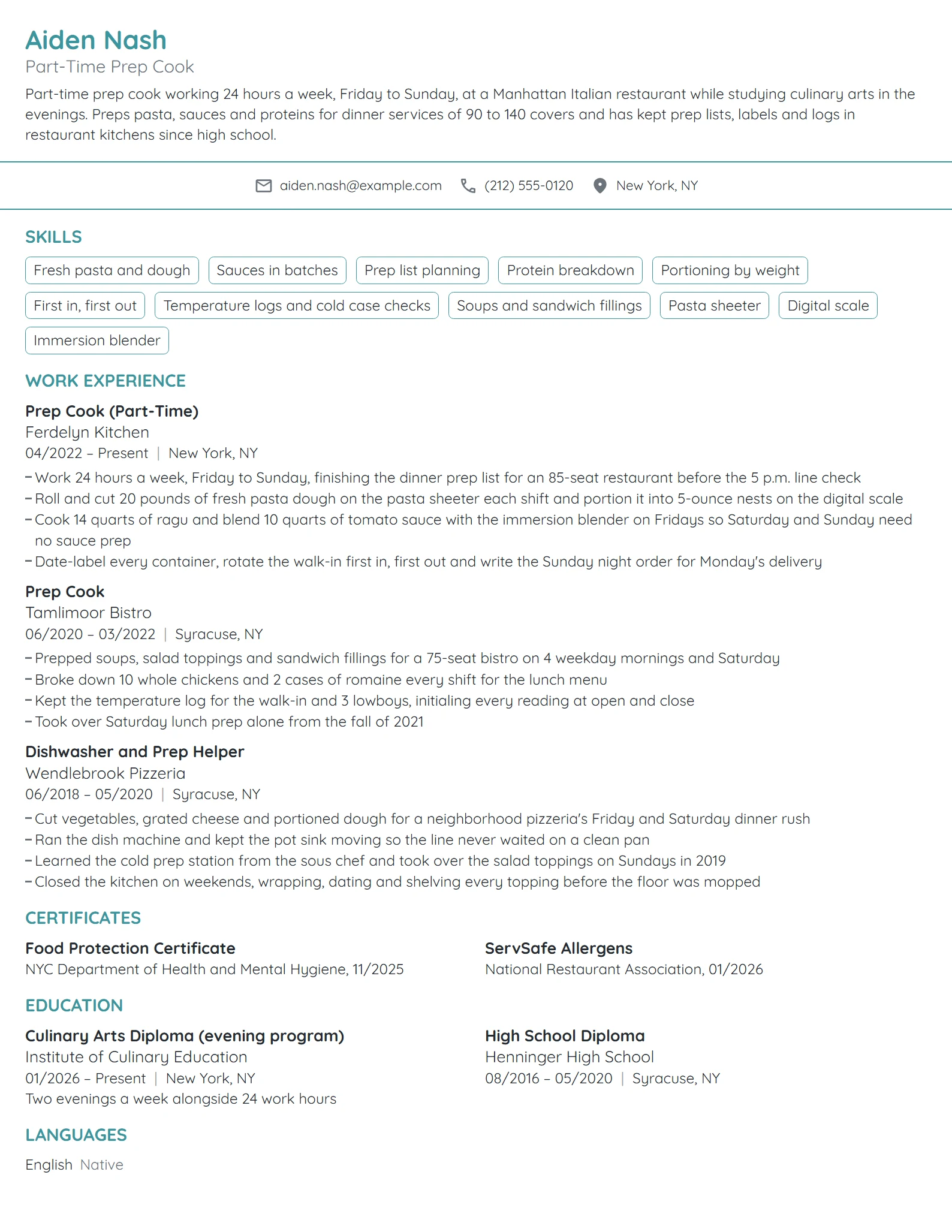 Part-Time Prep Cook resume example