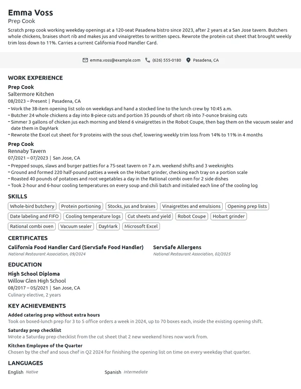 Prep Cook resume example