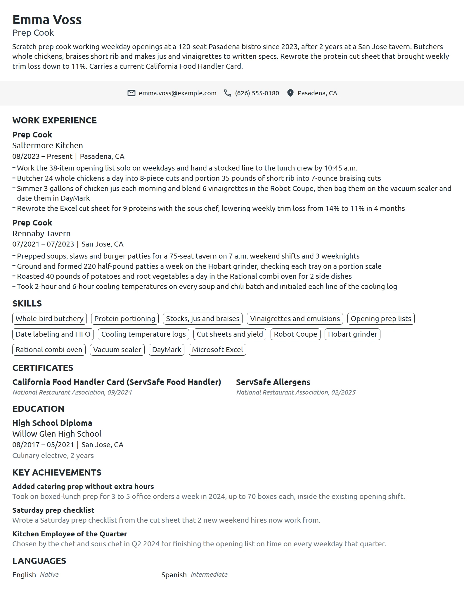 Prep Cook resume example