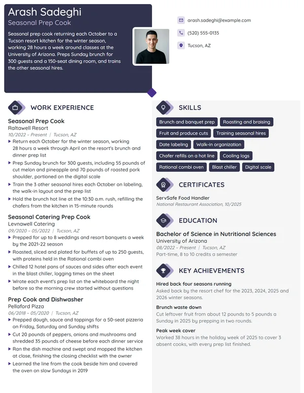 Seasonal Prep Cook resume example