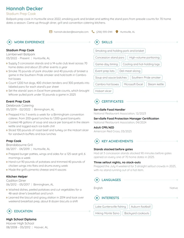 Stadium Prep Cook resume example
