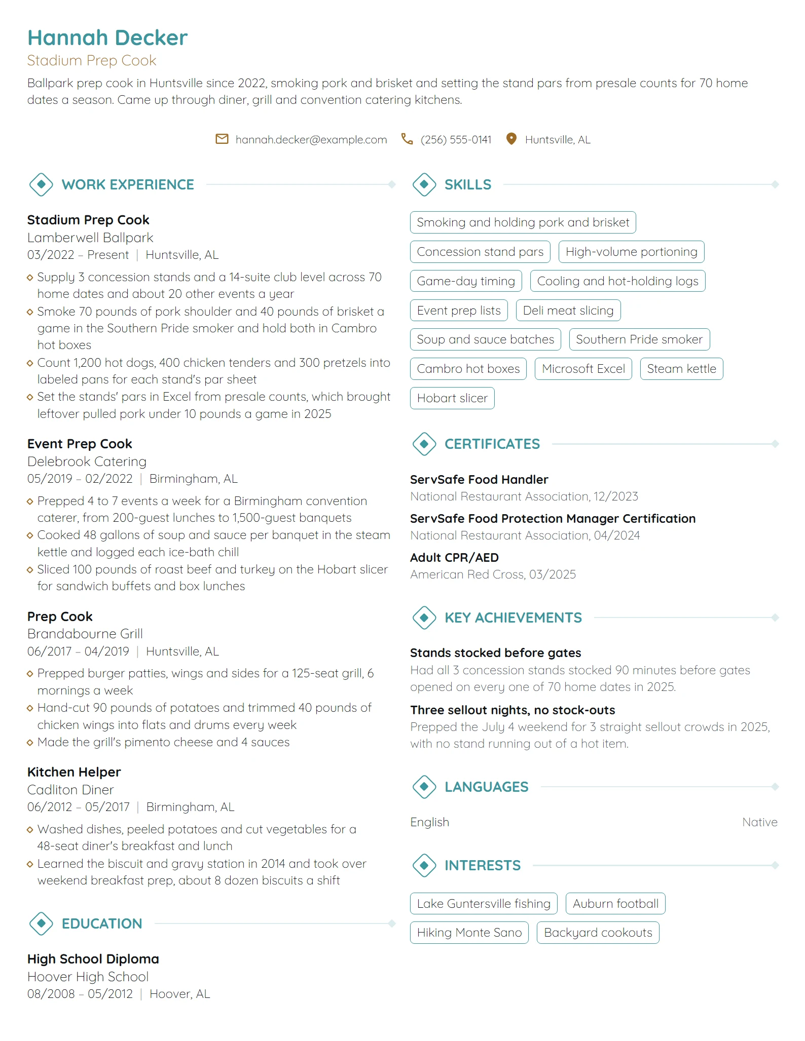 Stadium Prep Cook resume example
