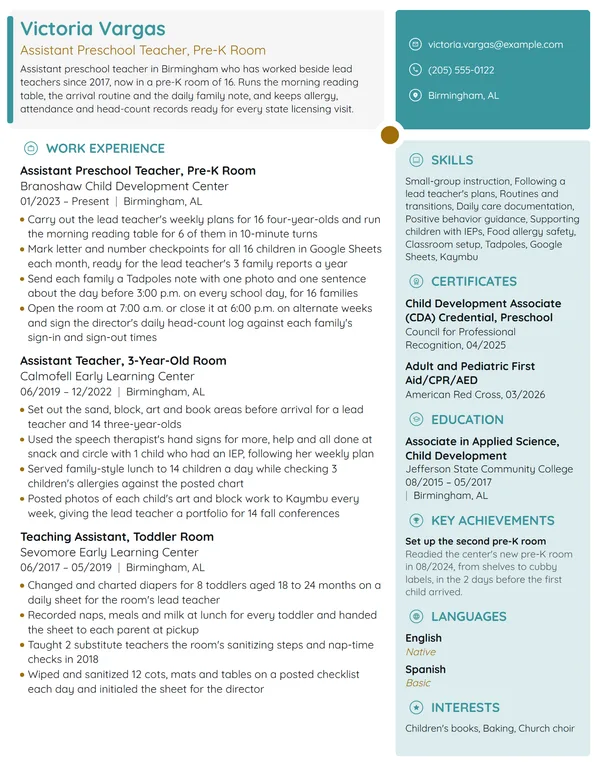 Assistant Preschool Teacher resume example
