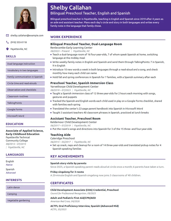 Bilingual Preschool Teacher resume example