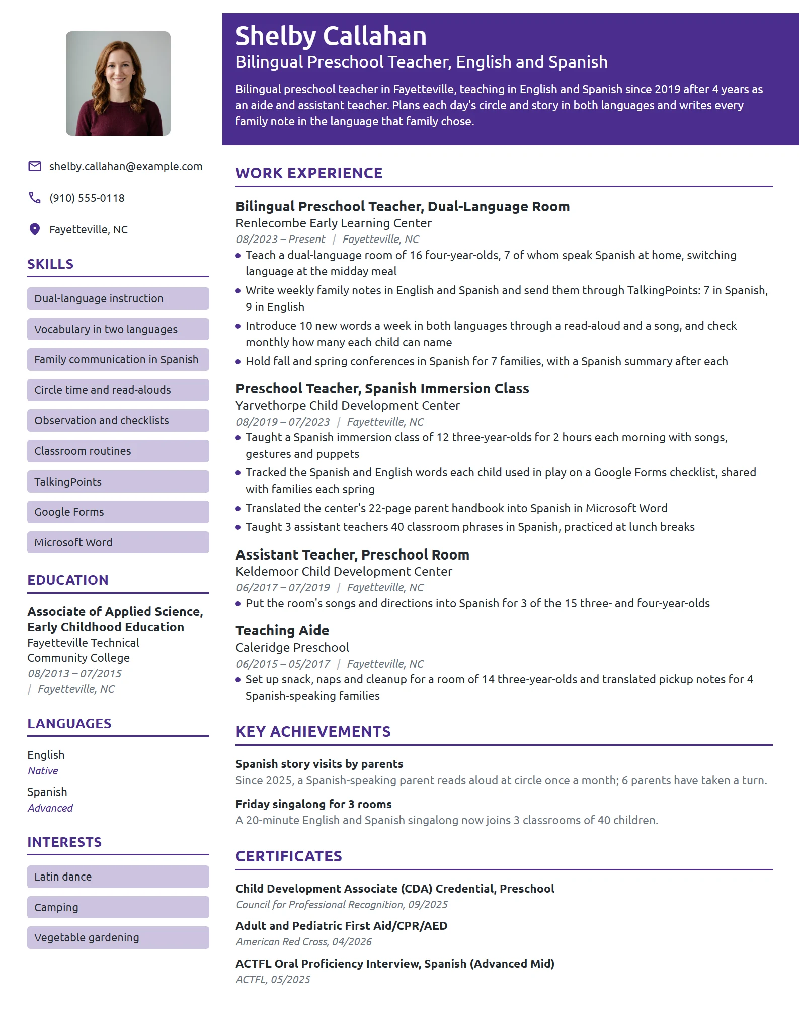 Bilingual Preschool Teacher resume example