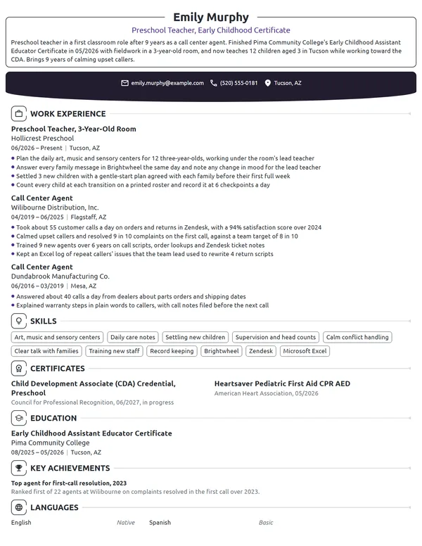 Career Change Preschool Teacher resume example