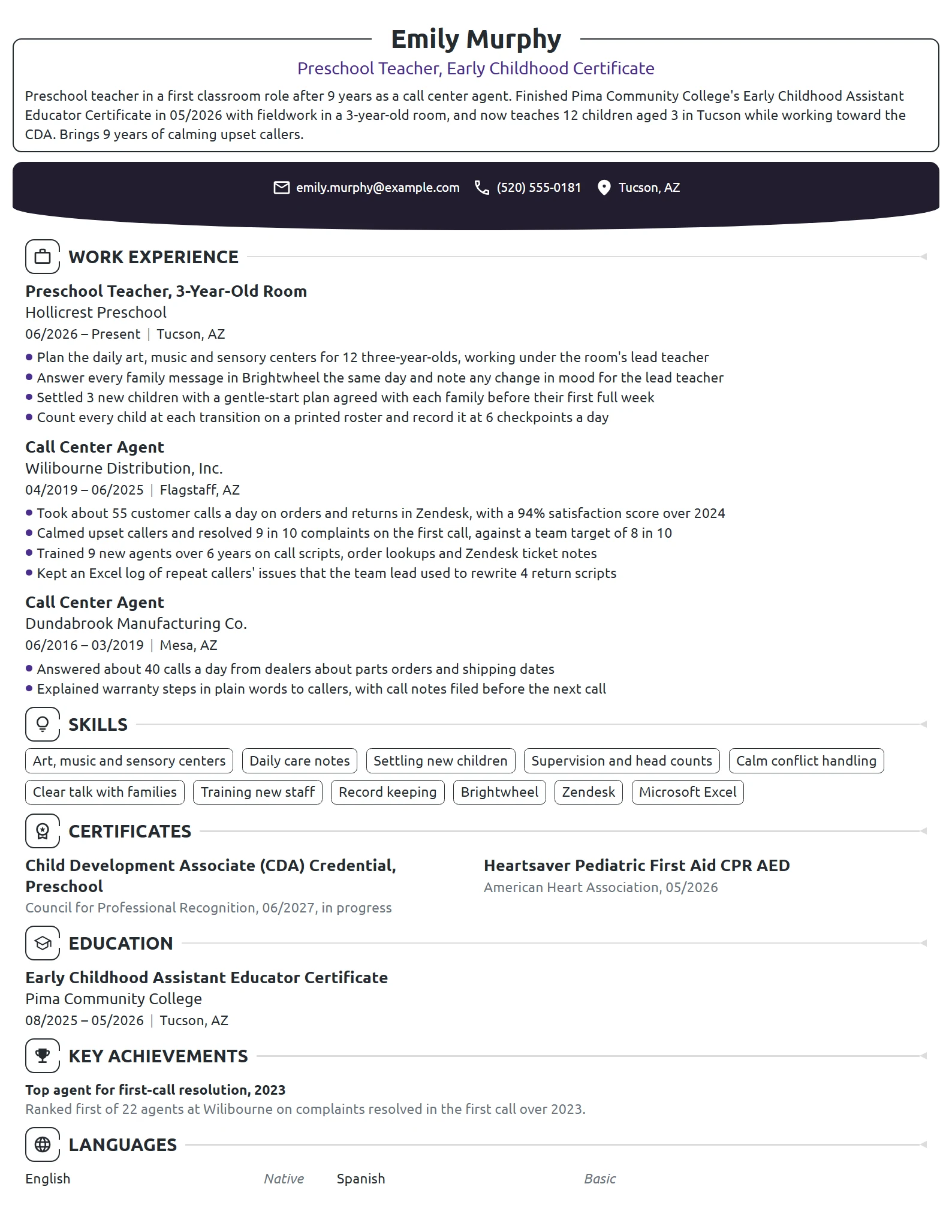 Career Change Preschool Teacher resume example