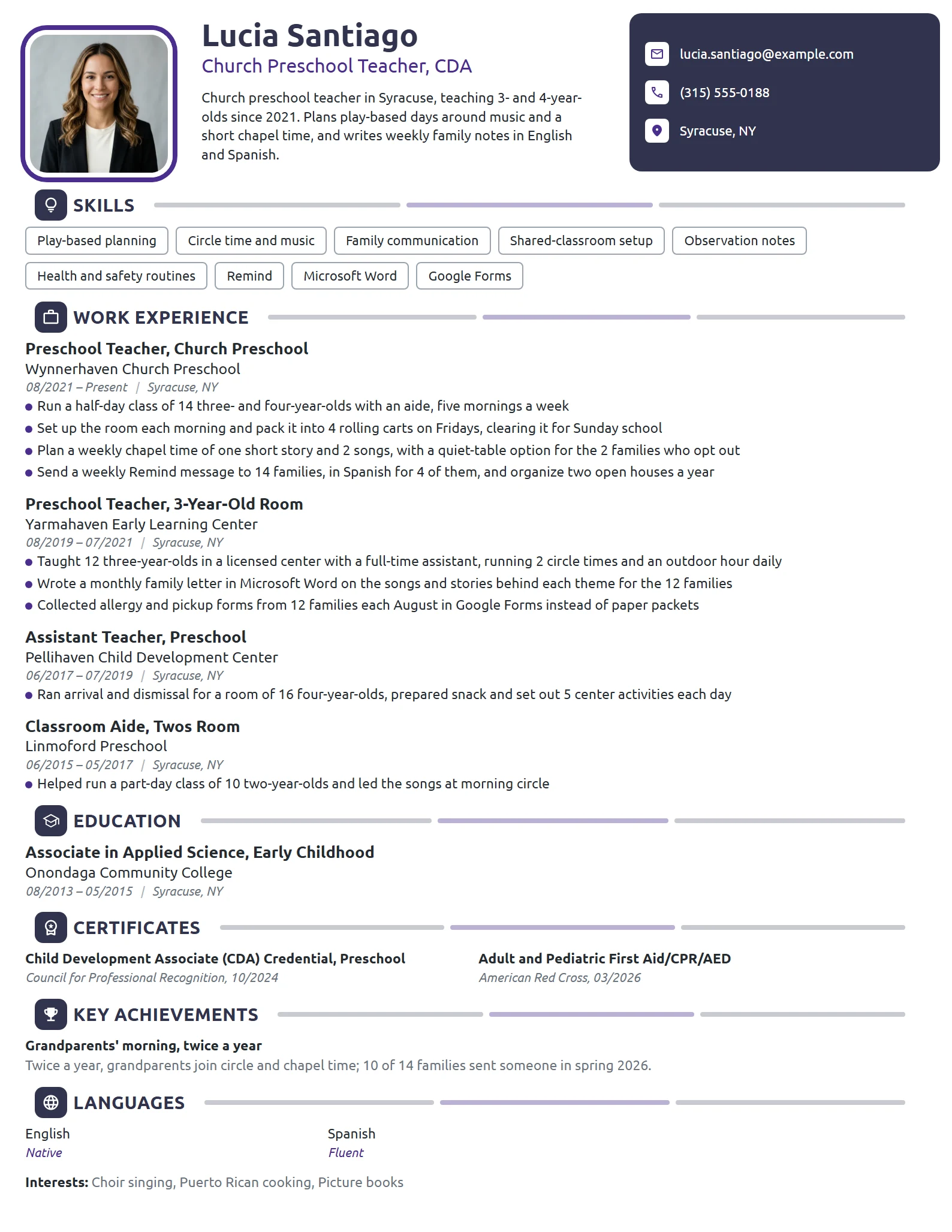 Church Preschool Teacher resume example
