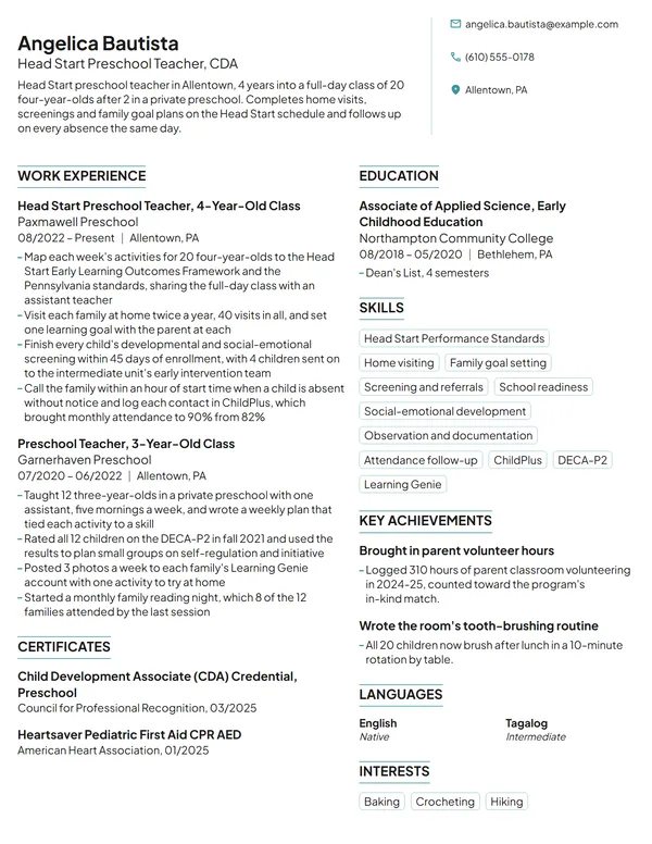Head Start Preschool Teacher resume example