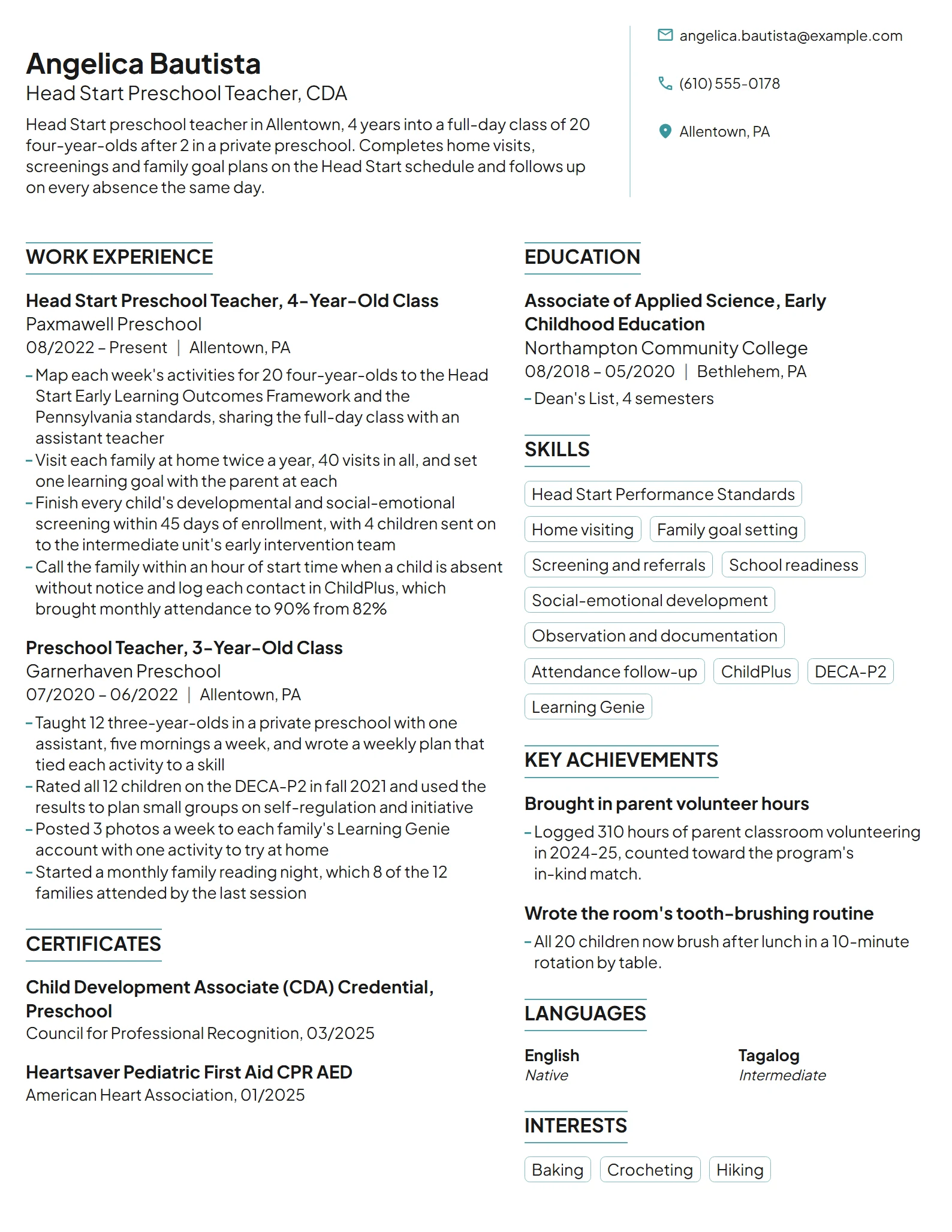 Head Start Preschool Teacher resume example