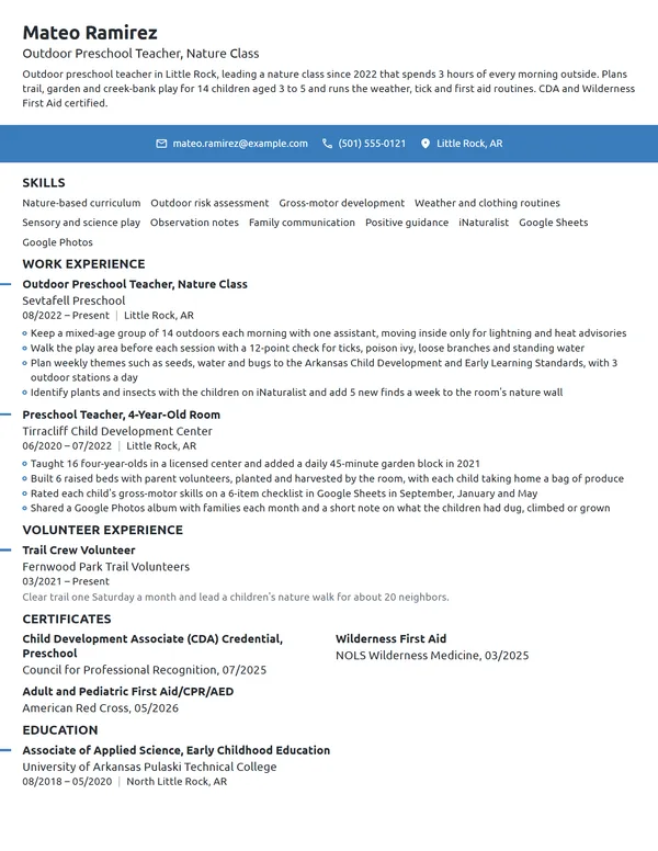 Outdoor Preschool Teacher resume example