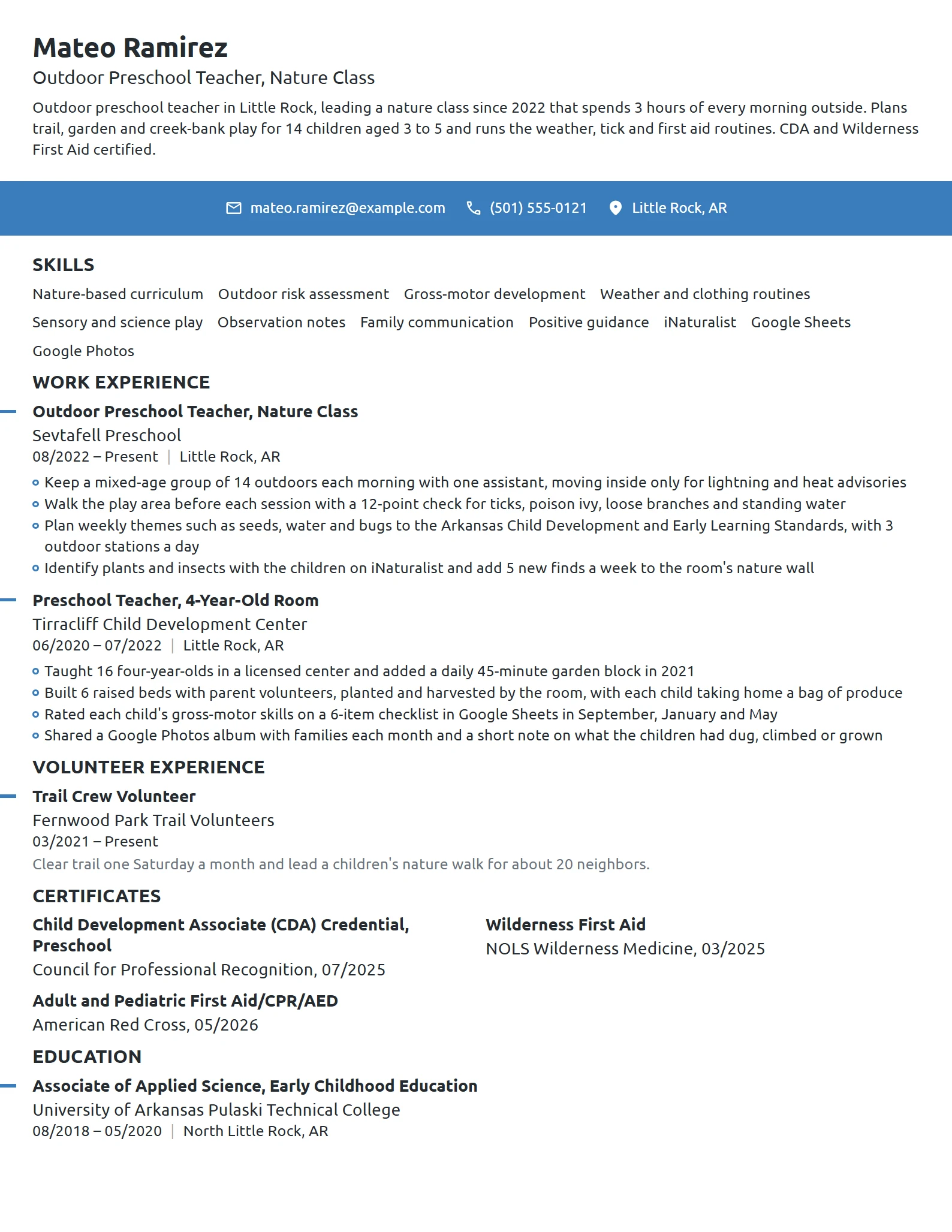 Outdoor Preschool Teacher resume example