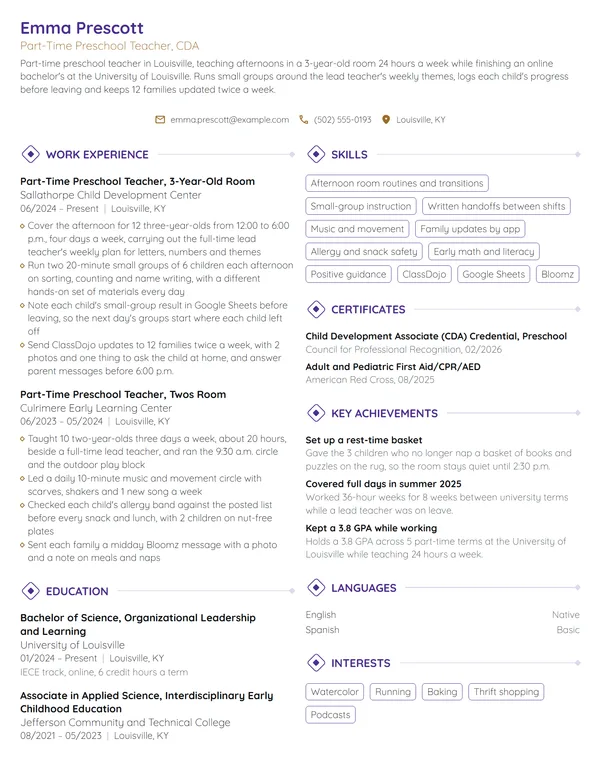 Part-Time Preschool Teacher resume example